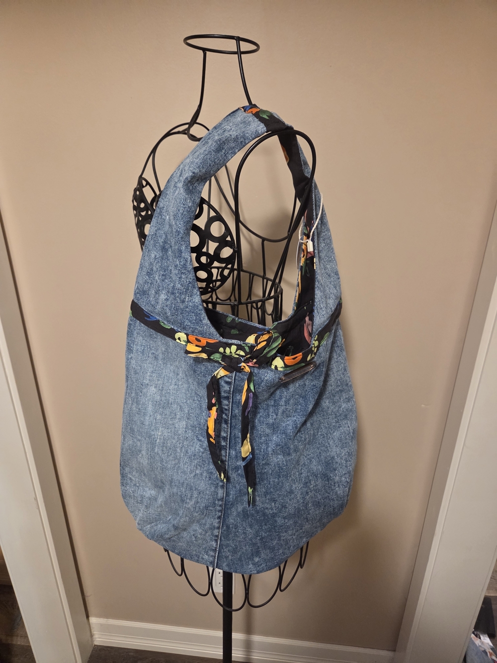 Denim Hobo Shoulder Bag with Floral Accent